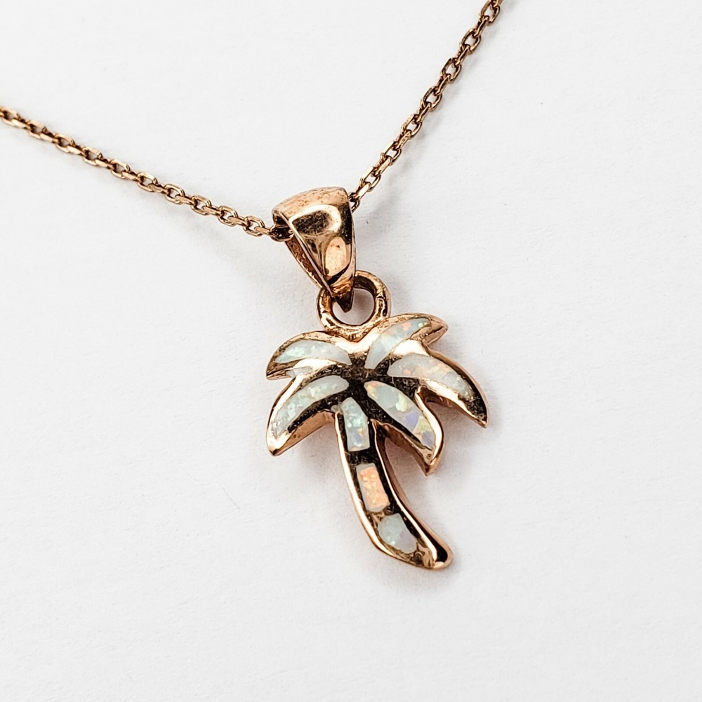 Vintage Palm Tree Necklace Rose Gold Vermeil Faux Opal Sterling Silver 925 - Picture 5 of 9